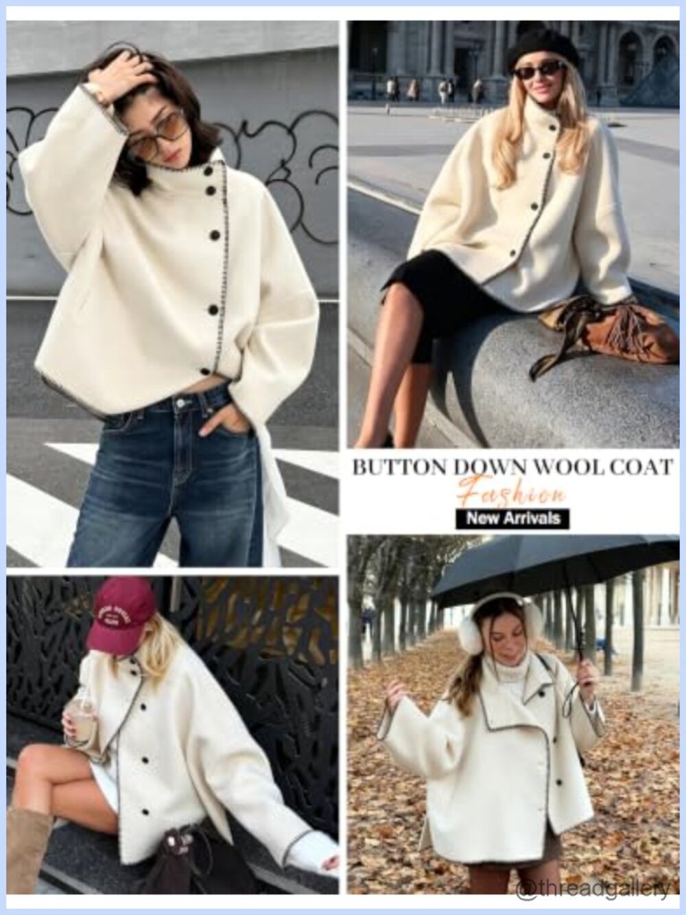 Cropped Wool Blend Pea Coat with Stand Collar & Embroidery - Picture 5 of 6